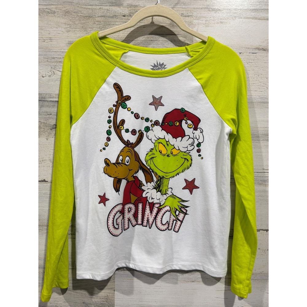 The Grinch Raglan Shirt Girls Large 10/12 Green Christmas Holiday Graphic EUC